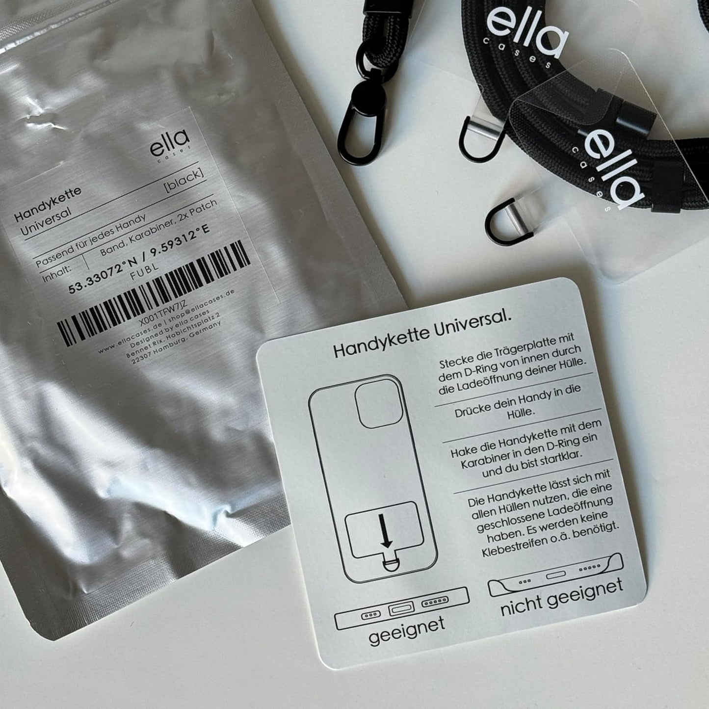 ella cases Handykette Universal zum Umhängen Schwarz kompatibel mit iPhone, Samsung, Huawei und Allen weiteren Herstellern, Band einzeln ohne Hülle