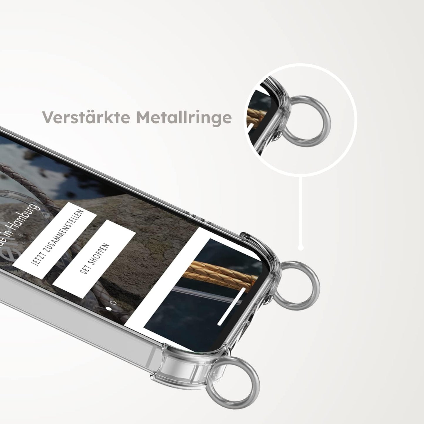 Hülle einzeln mit Ösen für Handyketten transparent / silber