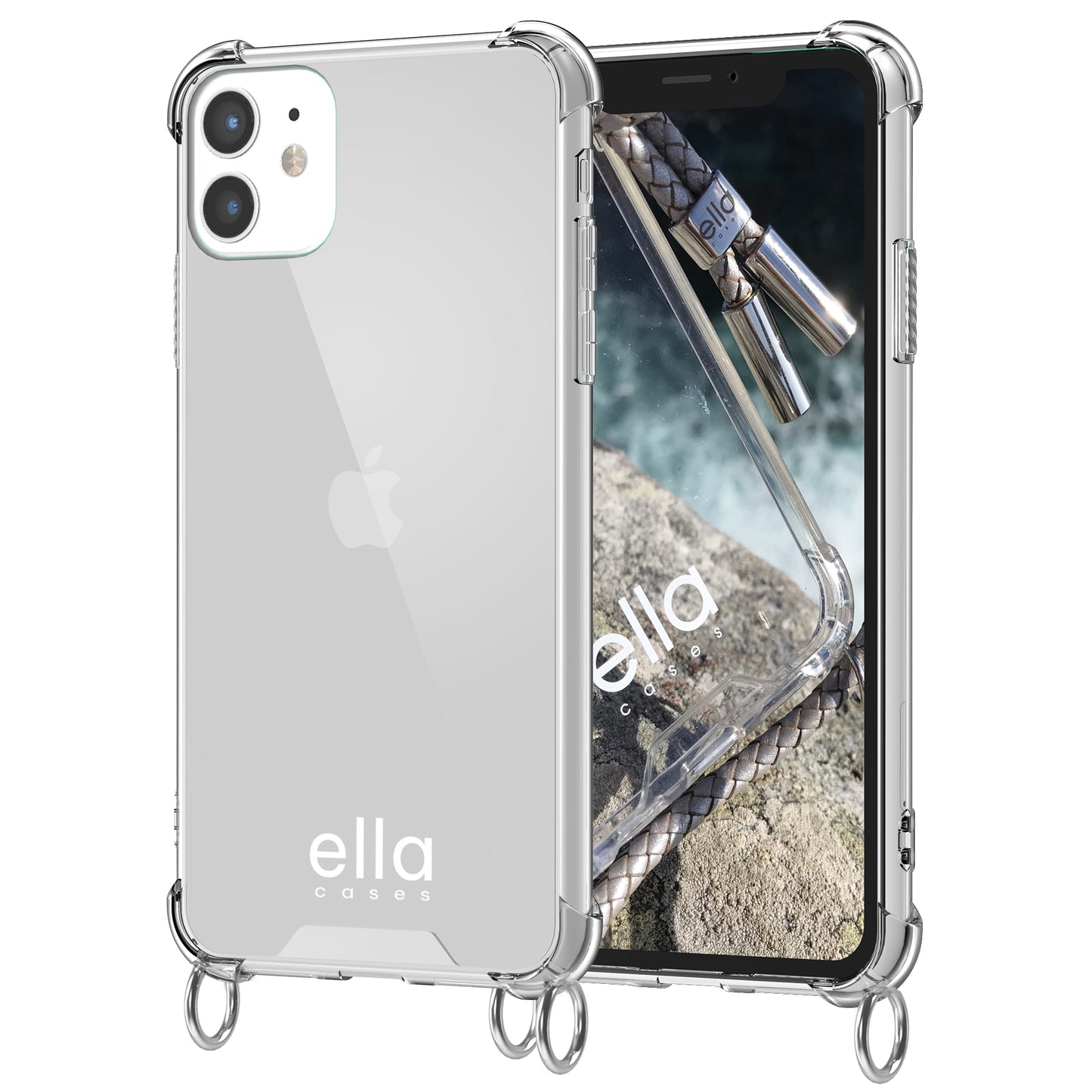 Hülle einzeln mit Ösen für Handyketten transparent / silber