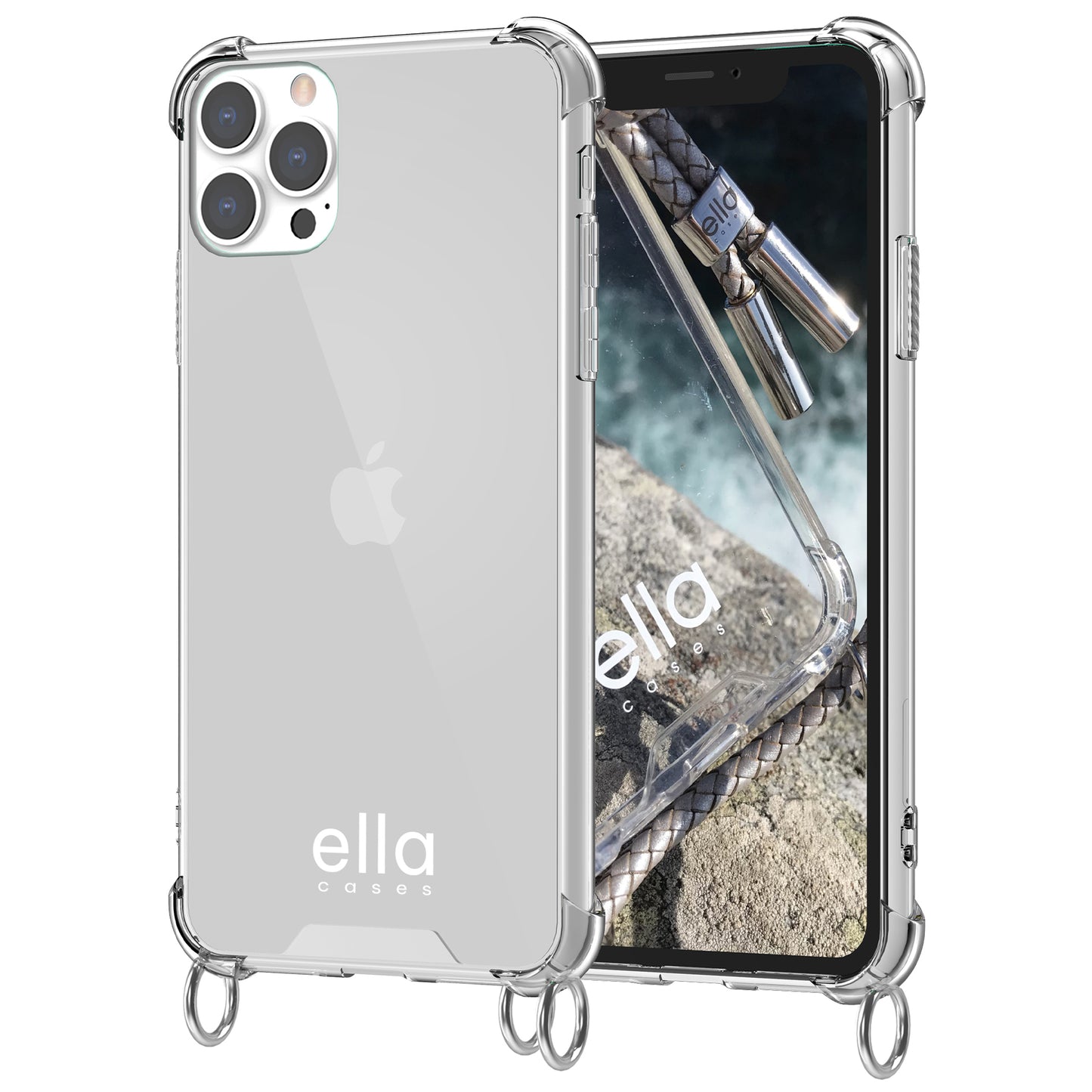 Hülle einzeln mit Ösen für Handyketten transparent / silber