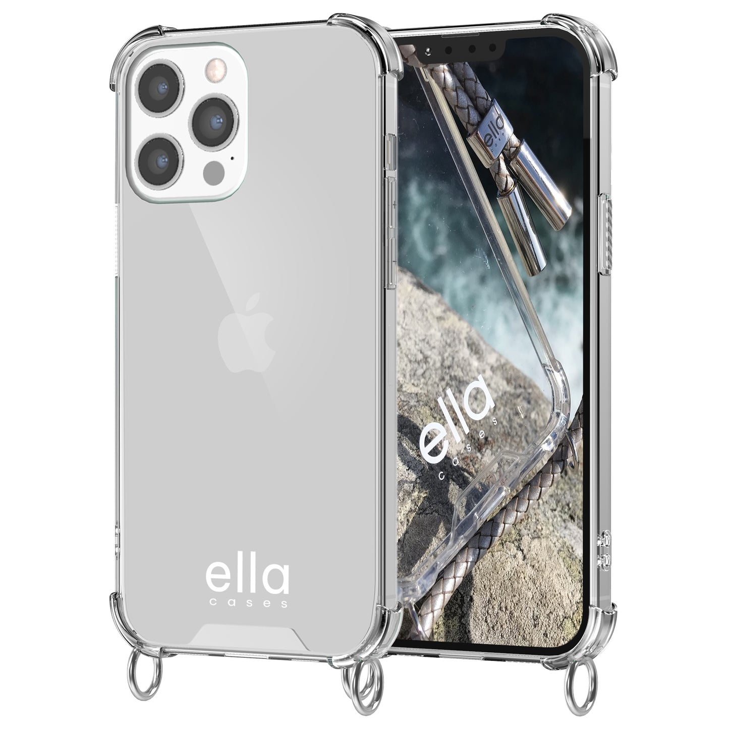 Hülle einzeln mit Ösen für Handyketten transparent / silber