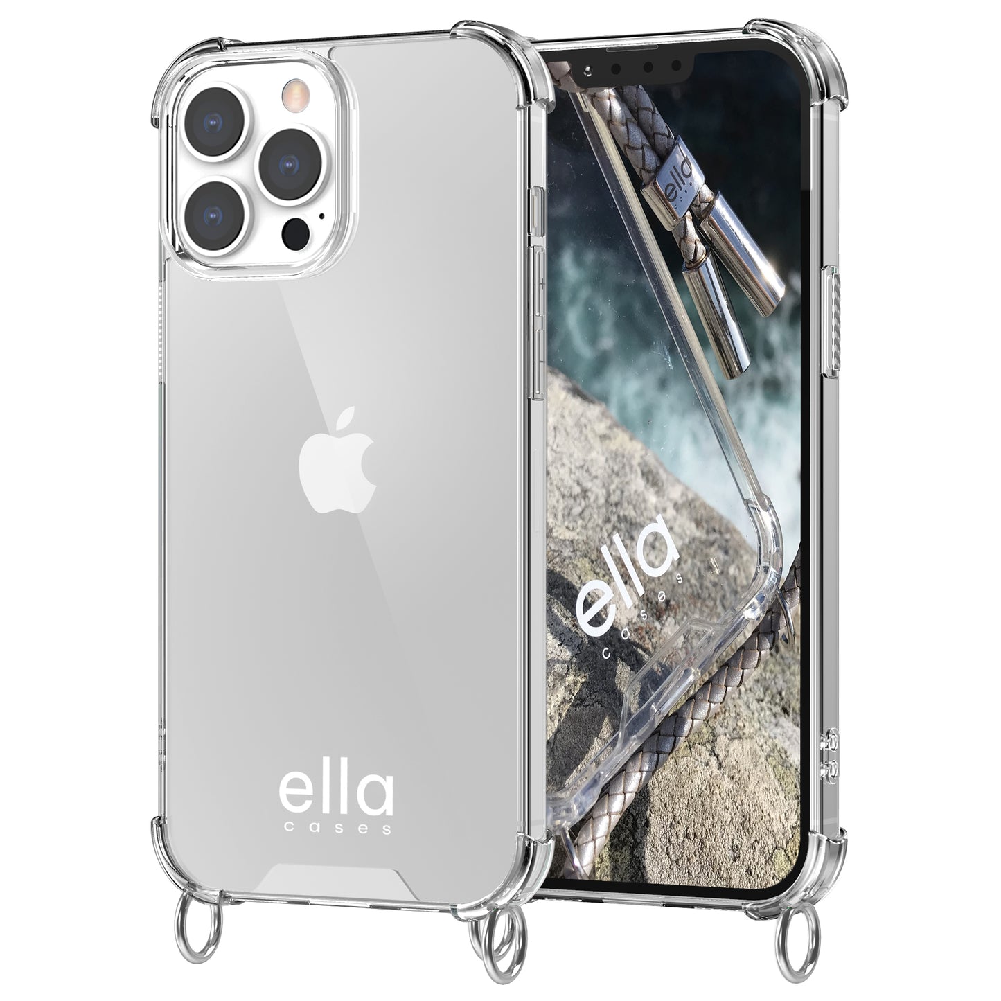 Hülle einzeln mit Ösen für Handyketten transparent / silber