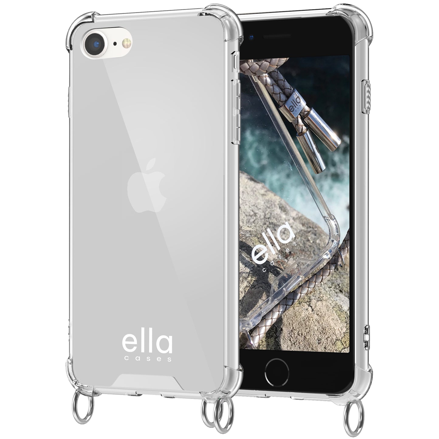 Hülle einzeln mit Ösen für Handyketten transparent / silber