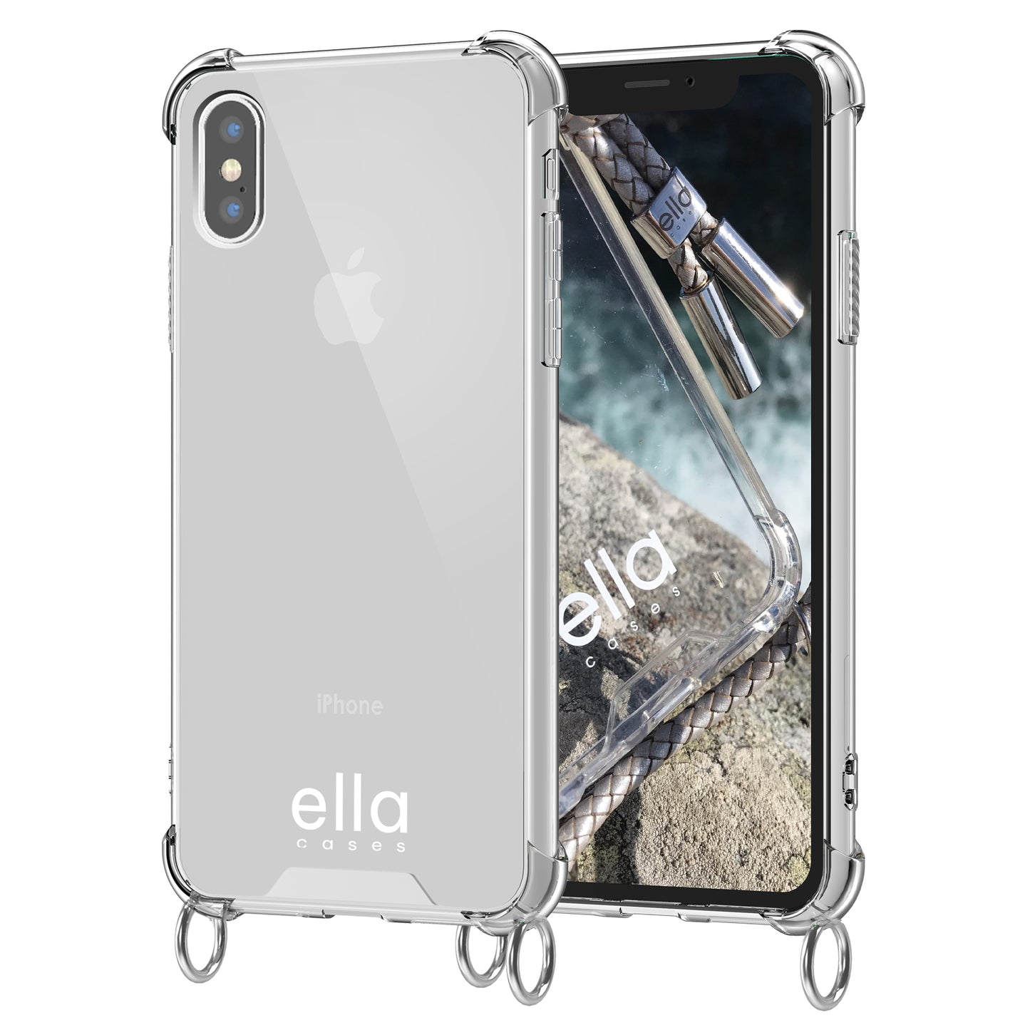 Hülle einzeln mit Ösen für Handyketten transparent / silber