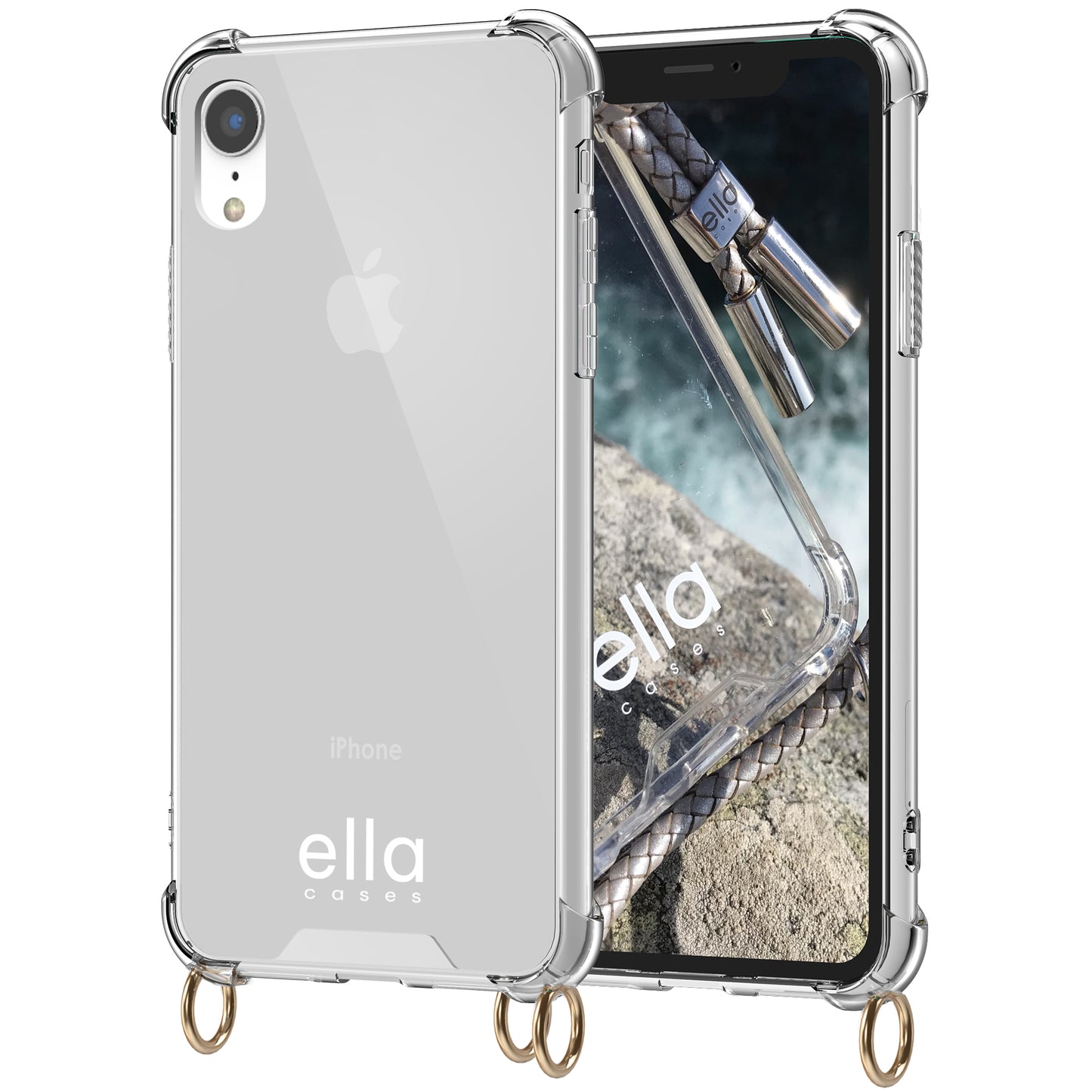Individual case with eyelets for mobile phone chains, transparent / gold
