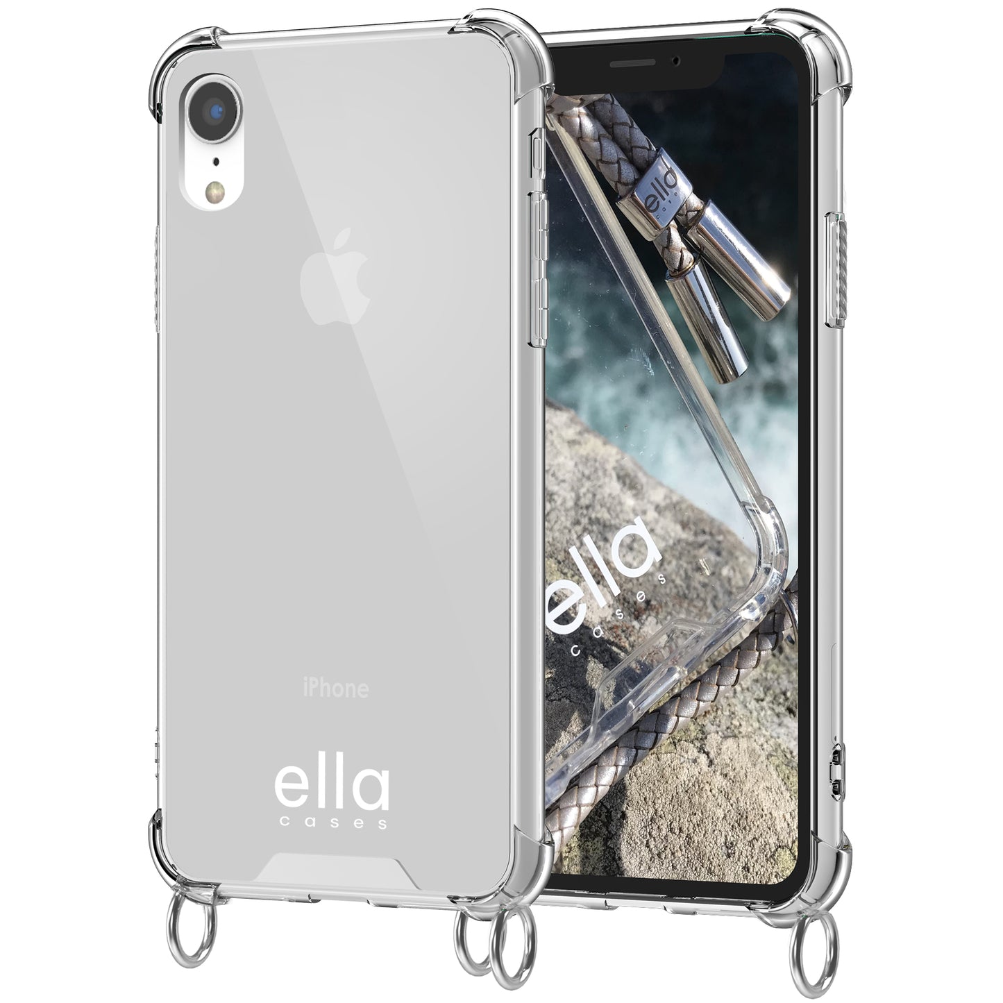 Hülle einzeln mit Ösen für Handyketten transparent / silber