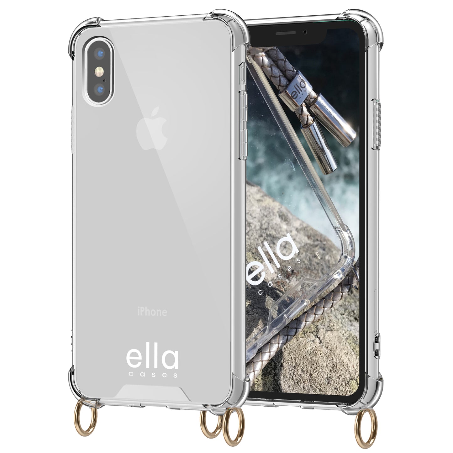 Individual case with eyelets for mobile phone chains, transparent / gold