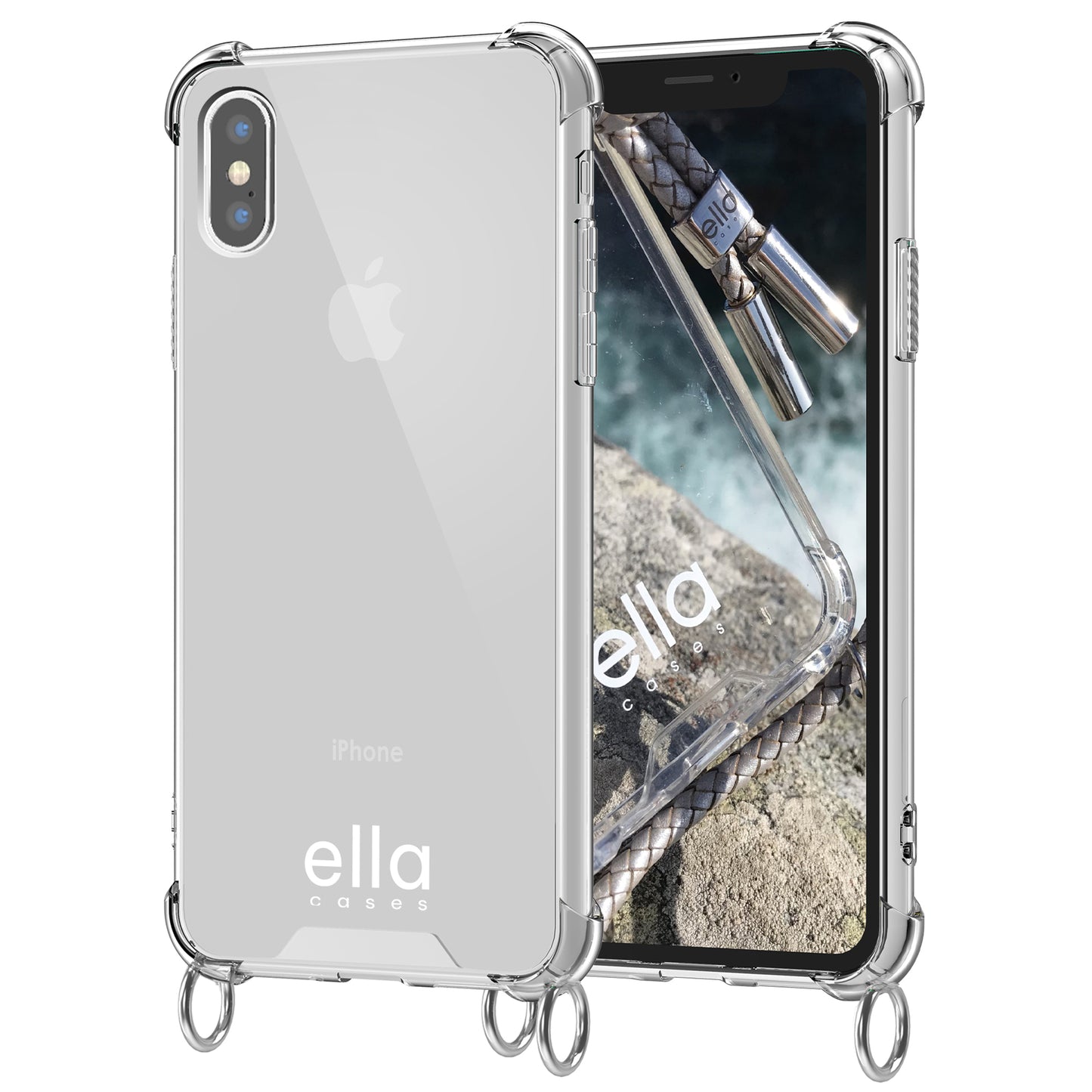 Hülle einzeln mit Ösen für Handyketten transparent / silber